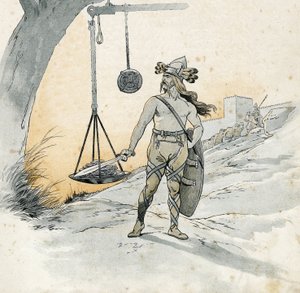 Capture de Rome (Rancon de Rome en 390 av. J.-C.). Histoire de Brennus (Brennos), chef de guerre gaulois qui prononça le terrible mot Vae Victis (malheur aux vaincus). Dans "La France, son histoire racontée par G. Montorgueil, illustrée par Job" 1896. Coll