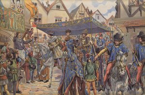 Foules dans les rues de Paris accueillant Louis XI à son arrivée de Bourgogne pour réclamer son royaume après la mort de son père, Charles VII