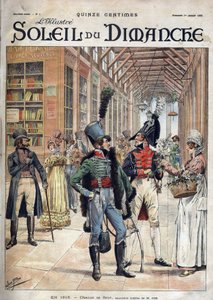 Chacun sa fleur. Un soldat achète des fleurs à une vendeuse dans une galerie couverte à Paris en 1816. D