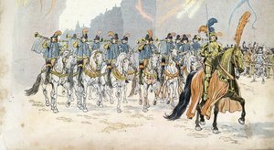 Entrée du roi Charles VI (1368-1422) à Paris accompagné de trente trompettes. dans "France, son histoire racontée par G. Montorgueil, illustrée par Job" 1896. Collection privée.