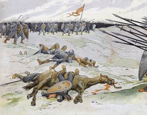 Guerre franco-anglaise (1202-1214) : soldats morts à la bataille de Bouvines le 27/07/1214 qui opposa l