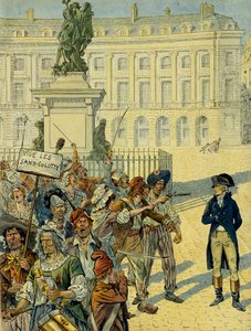 Révolution française 1789 : Napoléon Ier Bonaparte (1769-1821) menacé par la foule des sans-culottes le 10 août 1792 près de la statue de Louis XIV (1638-1715) par Desjardins avant qu