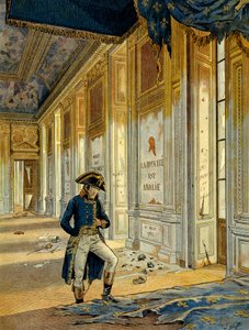 Révolution française de 1789 : Napoléon Ier Bonaparte (1769-1821) dans la salle du trône au palais des Tuileries après le passage des révolutionnaires qui ont saccagé l