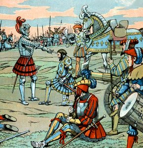 Le roi français François 1er est fait chevalier par Bayard juste après la bataille de Marignan le 14 septembre - pseudonym for Onfray de Breville Jacques Job