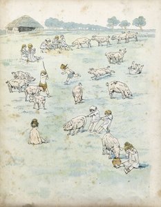 Enfants gaulois jouant avec des cochons dans un champ. Dans « La France, son histoire racontée par G. Montorgueil, illustrée par Job » 1896. Collection privée. - pseudonym for Onfray de Breville Jacques Job