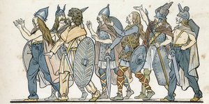 Guerriers gaulois avec leurs casques, épées et boucliers. dans "France, son histoire racontée par G. Montorgueil, illustrée par Job" 1896. Collection privée. - pseudonym for Onfray de Breville Jacques Job