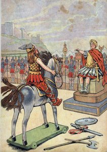 Histoire de France. Scène de la Gaule romaine avec des jouets : Le chef gaulois Vercingétorix (72-46 av. J.-C.) se rend au chef romain Jules César (100-44 av. J.-C.) après la bataille d