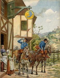 Histoire de France au Moyen Âge : Service postal sous le règne du roi Louis XI dit le Prudent (1423-1483). Poste à cheval stationnant à une auberge. Illustration de Jacques Marie Gaston Onfray de Bréville dit JOB (1858-1931)