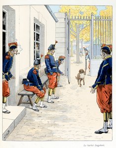 Illustration extraite du livre « A la gloire des bêtes » texte de A Fabre, dessins de Jacques Marie Gaston Onfray de Breville dit JOB (1858-1931), éditeur Maison Alfred Mame et fils : Le Barbet Dagobert (dans une caserne à Paris), Collection Partielle