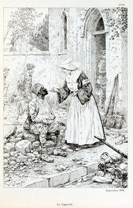Illustration du livre « La Grande Guerre par les artistes » : « La cigarette septembre 1914 » religieux donnant une cigarette à un soldat blessé par Jacques Marie Gaston Onfray de Breville dit JOB (1858-1931) - pseudonym for Onfray de Breville Jacques Job