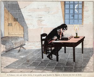 À Valence (prison) Napoléon en profite pour étudier le Digeste et devenir très fort en droit - Napoléon lit le Digeste et renforce ses connaissances en droit - lithographie de Job (Jacques Onfroy de Bréville) de "Le Grand Napoléon des Petites Enfants" - pseudonym for Onfray de Breville Jacques Job