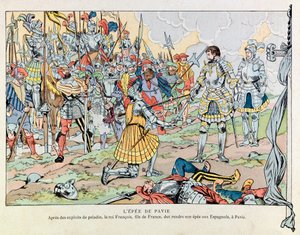 Illustration du livre « Les épées de France » : Le roi François 1er rend son épée aux Espagnols après la défaite de Pavie le 24 février - pseudonym for Onfray de Breville Jacques Job