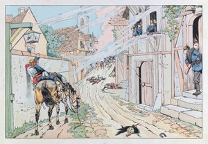 Illustration du livre « Les épées de France » : Épisode de la guerre franco-prussienne de 1870, assaut donné par les 9ème cuirassiers dans le village de Morsbronn - pseudonym for Onfray de Breville Jacques Job