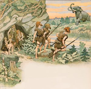 Pendant la préhistoire, les hommes des cavernes protègent leurs familles d