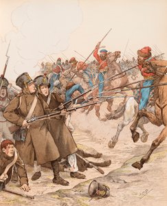 Militaires français pendant les campagnes napoléoniennes surnommés Marie-Louise en 1815 combattant les cosaques, Collection privée - pseudonym for Onfray de Breville Jacques Job