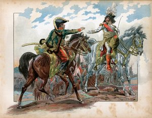 Joachim Murat et le général Antoine Charles Louis de La Salle pendant la bataille de Heilsberg en 1807. Gravure de Jacques Marie Gaston Onfray de Breville dit Job