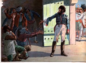 Joachim Murat (1767-1815), roi déchu de Naples, prisonnier dans la forteresse du port de Pizzo distribue son argent aux bandits captifs avec lui en 1815. Gravure de Jacques Marie Gaston Onfray de Breville dit Job (1858-1931)
