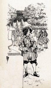 Le roi Louis XIV de France appelé Roi Soleil (1638-1715) avec ses courtisans dans les jardins de Versailles. Illustration de Job (Jacques Marie Gaston Onfray et Breville) (Jacques-Marie) (1858-1931) pour le livre « Les grands mots historiques du pays de Fr - pseudonym for Onfray de Breville Jacques Job