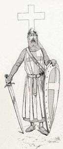 Chevalier de Louis IX connu sous le nom de Saint Louis (1214-1270) en costume de croisade. Illustration de Job (Jacques Marie Gaston Onfray et Breville) (Jacques-Marie) (1858-1931) pour le livre « Les grands mots historiques du pays de France » 1915. Colle - pseudonym for Onfray de Breville Jacques Job