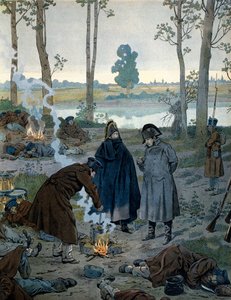 Napoléon Ier Bonaparte (1769-1821) dans les bivouacs à la veille de la bataille de Waterloo en 1815. Dans « Napoléon » de Georges Montorgueil - pseudonym for Onfray de Breville Jacques Job