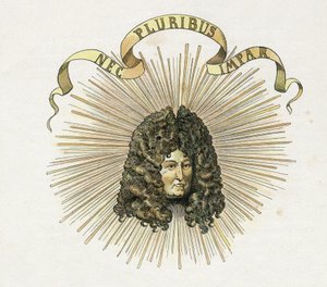 Portrait du roi Louis XIV (1638-1715) avec sa devise en latin "Nec pluribus impar" (À nul autre pareil). dans "France, son histoire racontée par G. Montorgueil, illustrée par Job" 1896. Collection privée. - pseudonym for Onfray de Breville Jacques Job