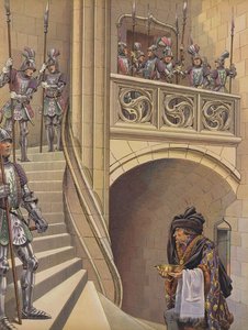 Le barbier monta les escaliers vers la chambre du roi, passant devant les nombreux gardes armés