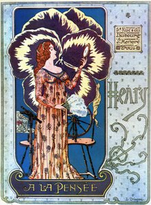 Art Nouveau : affiche publicitaire pour la boutique de cosmétiques « Henry à la Pensée » à Paris. Une jeune femme s