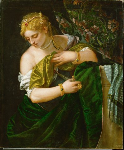 Lucrèce, noble romaine mariée à Tarquinius Collatinus, se suicide après avoir été violée par le fils de Tarquinius Superbus (huile sur toile). - (1528-88) Veronese