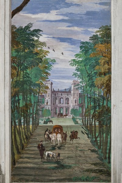 Perspective avec vue sur la campagne et carrosses, Mur Nord, Salle de Bacchus - Veronese
