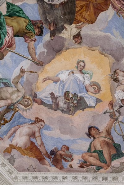 Harmonie universelle entourée de dieux : Zeus avec un aigle, Mars, Apollon avec la lyre, Vénus, Mercure avec le caducée, Diane avec des chiens, et Saturne, l
