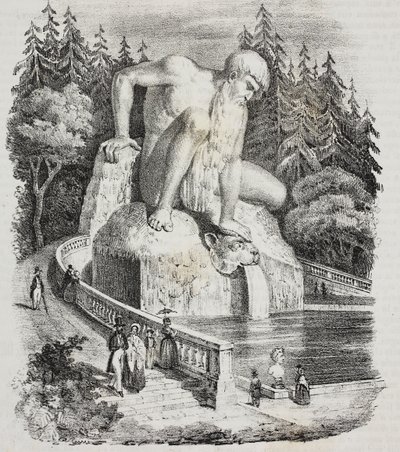 Colosse des Apennins (par Giambologna) dans le parc de la Villa Demidoff (Villa Medicea de Pratolino), Vaglia, Toscane, Italie, lithographie de Giovanni Mariani de Poliorama Pittoresco, n 10, 15 octobre - Giambologna