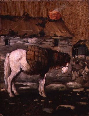 Poney attendant devant un cottage - Sami School