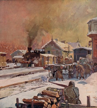 Bataille entre les troupes rouges et blanches à une gare, guerre civile russe - (after) Carrey