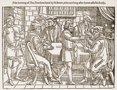 La brûlure de la main de Tho. Tomkins par B. Boner, qui peu après brûla aussi son corps, illustration de 