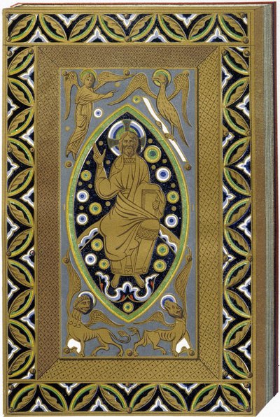 Christ en Mandorle avec les symboles des 4 évangélistes (Tétramorphe). Lithographie reproduisant une reliure émaillée du XIIIe siècle. - (after) French School