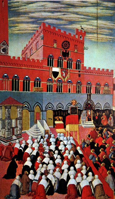 Saint Bernardino parlant dans sa ville natale de Sienne - (after) Italian School