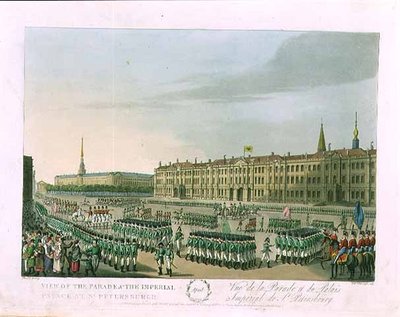 Vue de la parade et du palais impérial à Saint-Pétersbourg, illustration pour avril de 