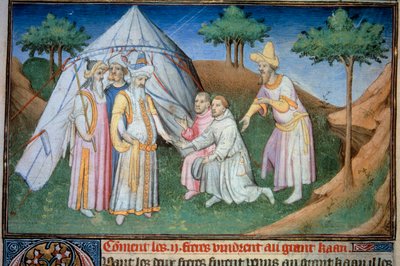Les frères Nicolo et Matteo Polo, père et oncle du jeune Marco Polo (1254-1324) reçus à la cour du Grand Qubilai (Kubilai Khan, premier empereur de la dynastie mongole Yuan, 1215-1294). Miniature tirée de... - (and workshop) Boucicaut Master