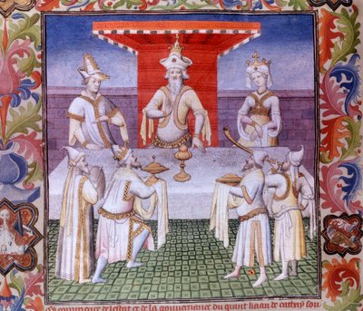 Scène de repas à la table du Grand Khan au pays de Cathay. Miniature dans « Le Livre des Merveilles » (« Devisement du Monde », « Il Milione »), manuscrit fr.2810 (folio 136) enluminé par le Maître de Boucicaut et écrit par Marco Polo - (and workshop) Boucicaut Master