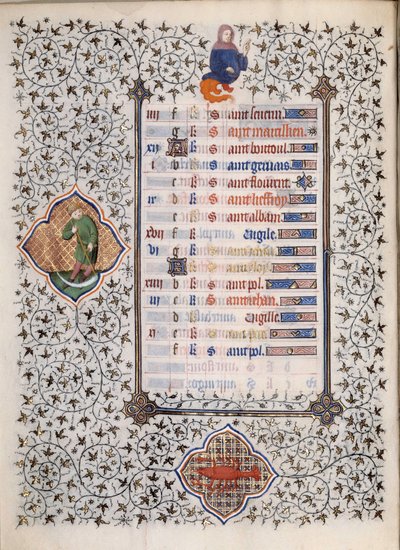 Page du manuscrit Les Très Riches Heures du Duc François de Guise enluminé par le Maître de Boucicaut : représentation des signes du zodiaque et scènes de la vie quotidienne : cancer et un homme avec une faucille. 15e siècle. Musée Condé, Chantilly - (and workshop) Boucicaut Master