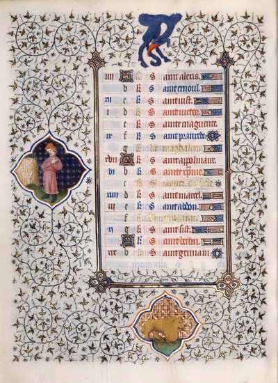 Page du manuscrit Les Très Riches Heures du Duc François de Guise enluminé par le Maître de Boucicaut : représentation des signes du zodiaque et scènes de la vie quotidienne : le lion. 15e siècle. Musée Condé, Chantilly - (and workshop) Boucicaut Master