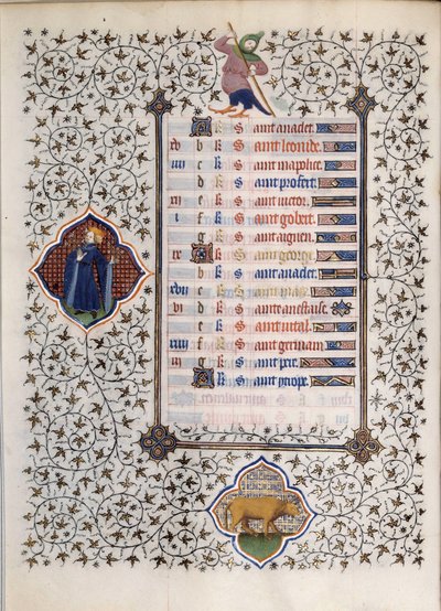 Page du manuscrit « Les Très Riches Heures du Duc François de Guise » enluminé par le Maître de Boucicaut : représentation des signes du zodiaque et scènes de la vie quotidienne : le taureau. 15ème siècle. Musée Condé, Chantilly - (and workshop) Boucicaut Master