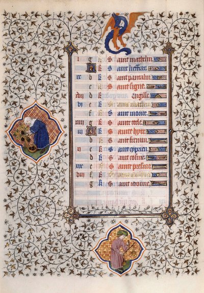 Page du manuscrit « Les Très Riches Heures du Duc François de Guise » enluminé par le Maître de Boucicaut : représentation des signes du zodiaque et des travaux agricoles : balance et moisson. 15ème siècle. Musée Condé, Chantilly - (and workshop) Boucicaut Master