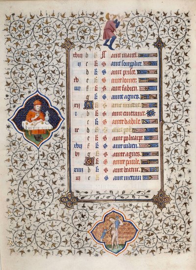 Page du manuscrit « Les Très Riches Heures du Duc François de Guise » enluminé par le Maître de Boucicaut : représentation des signes du zodiaque et scènes de la vie quotidienne : le Verseau et une scène de repas. 15e siècle. Musée Condé, Chantilly - (and workshop) Boucicaut Master