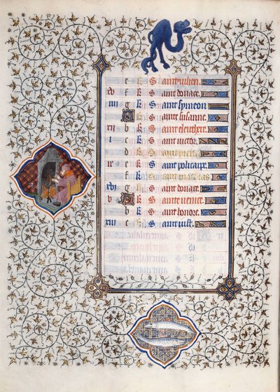 Page du manuscrit « Les Très Riches Heures du Duc François de Guise » enluminé par le Maître de Boucicaut : représentation des signes du zodiaque et scènes de la vie quotidienne : poissons et un homme se réchauffant devant une cheminée. 15e siècle. Musée C - (and workshop) Boucicaut Master