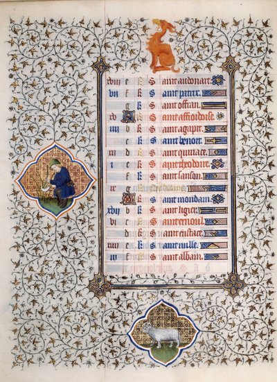 Page du manuscrit « Les Très Riches Heures du Duc François de Guise » enluminé par le Maître de Boucicaut : représentation des signes du zodiaque et scènes de la vie quotidienne : le bélier et un homme fauchant de l