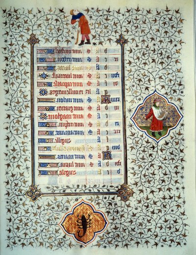 Page du manuscrit « Les Très Riches Heures du Duc François de Guise » enluminé par le Maître de Boucicaut : représentation des signes du zodiaque et scènes de la vie quotidienne : scorpion et plantation. 15e siècle. Musée Condé, Chantilly - (and workshop) Boucicaut Master