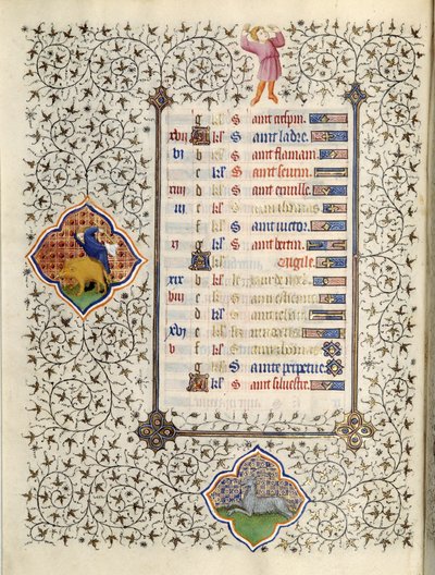 Page du manuscrit « Les Très Riches Heures du Duc François de Guise » enluminé par le Maître de Boucicaut : représentation des signes du zodiaque et scènes de la vie quotidienne : le capricorne et la chasse au sanglier. 15e siècle. Musée Condé, Chantilly - (and workshop) Boucicaut Master