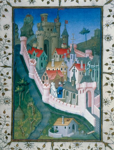 Pierre le Fruitier dit Salmon trouve le moine Notre-Dame des Halles à Avignon devant la chapelle de Pierre du Luxembourg. Ce dernier lui parle de la propagande politique. En haut au nord de la ville se trouve le Palais des Papes - (and workshop) Boucicaut Master