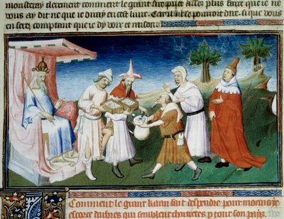Qubilai (Kubilai Khan, premier empereur de la dynastie mongole Yuan (1215-1294) paie ses achats avec des pièces en écorce de mûrier miniature tirée du "Livre des Merveilles" de Marco Polo ("Devisement du Monde", "Il Milione") illustrée par le Maître de Bou - (and workshop) Boucicaut Master